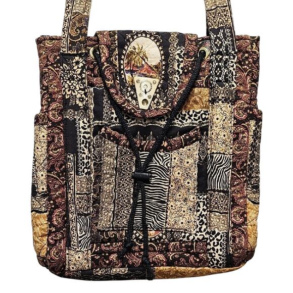 Quilted Elegant Patchwork Brown Cream Black Ten Pocket Hand Shoulder Hobo Bag - Picture 3 of 12